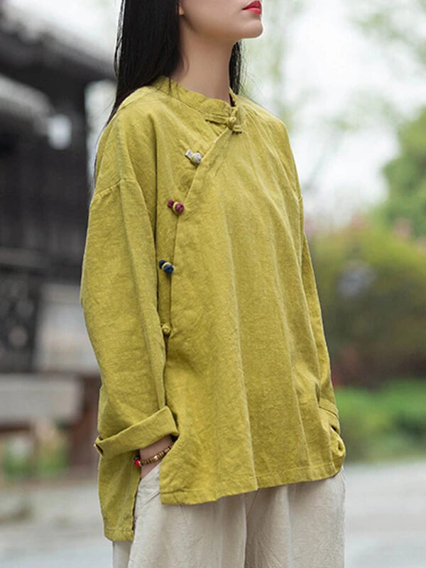 Вінтажна сорочка з бавовни та льону в азіатському стилі – 3 кольори