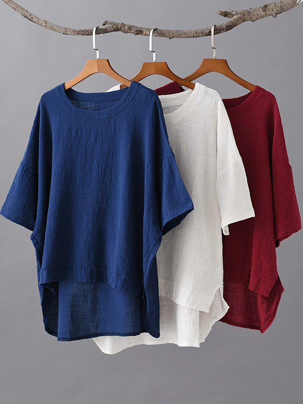 Вінтажна, однотонна футболка з бавовни та льону – 3 кольори