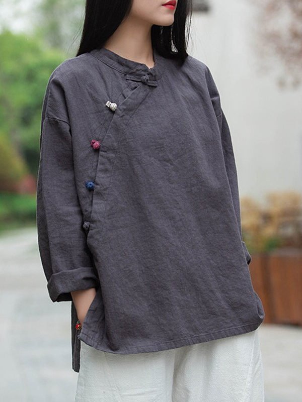 Вінтажна сорочка з бавовни та льону в азіатському стилі – 3 кольори