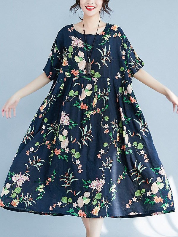 Вінтажна вільна сукня з круглим вирізом і квітковим принтом