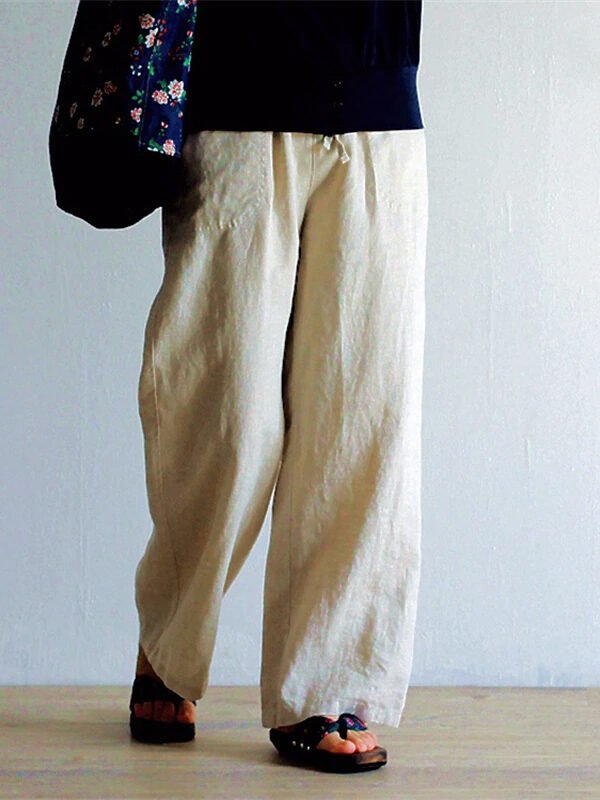 Прямі штани з льону з еластичною талією – 6 кольорів