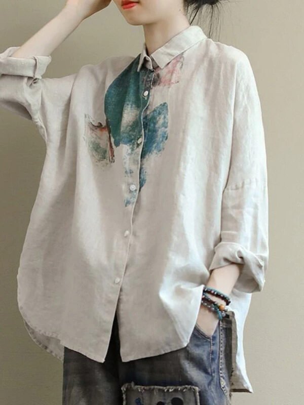 Жіноча вільна сорочка з довгим рукавом, з бавовни та льону – 2 кольори