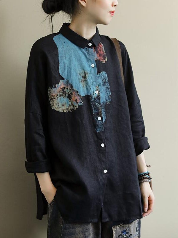 Жіноча вільна сорочка з довгим рукавом, з бавовни та льону – 2 кольори