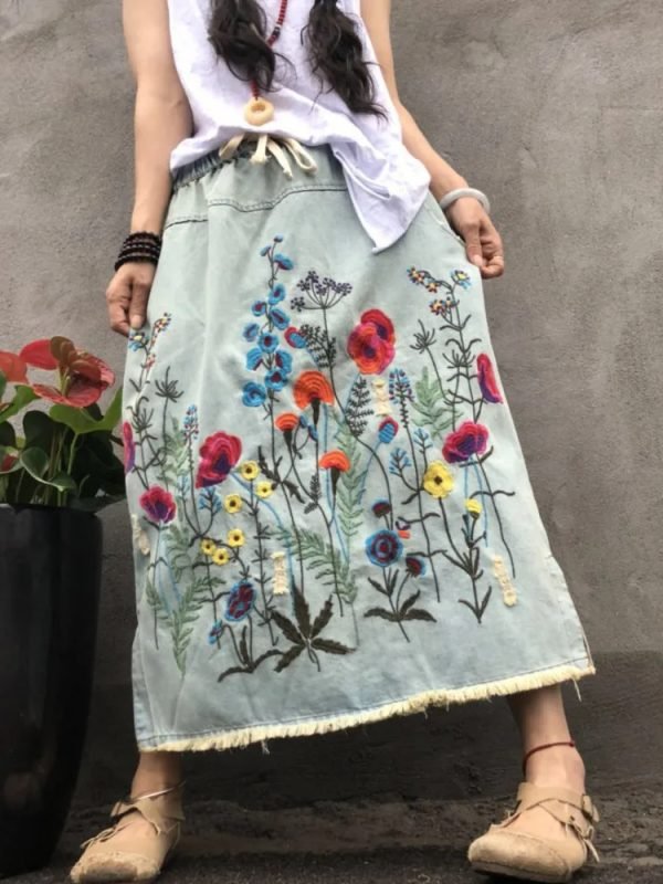 Джинсова спідниця з квітковою вишивкою – 2 кольори