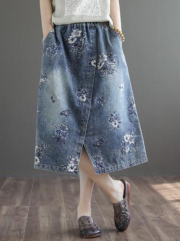 Джинсовая юбка с разрезом и цветочным принтом : 2 цвета