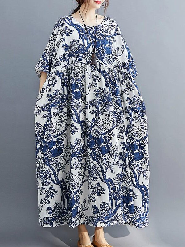 Платье из хлопка и льна с цветочным рисунком – 2 цвета