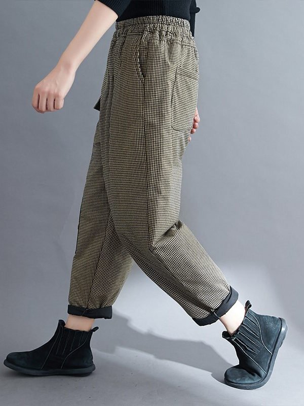 Утепленные клетчатые штаны с высокой талией – 2 цвета
