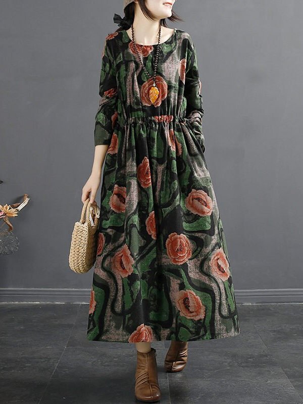 Платье с ярким, цветочным принтом и круглым вырезом – 3 цвета