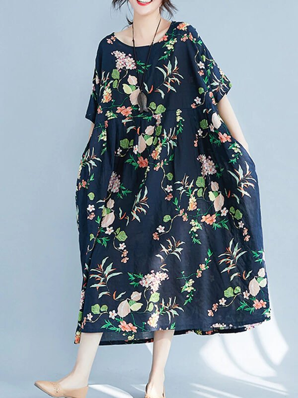 Винтажное свободное платье с круглым вырезом и цветочным принтом